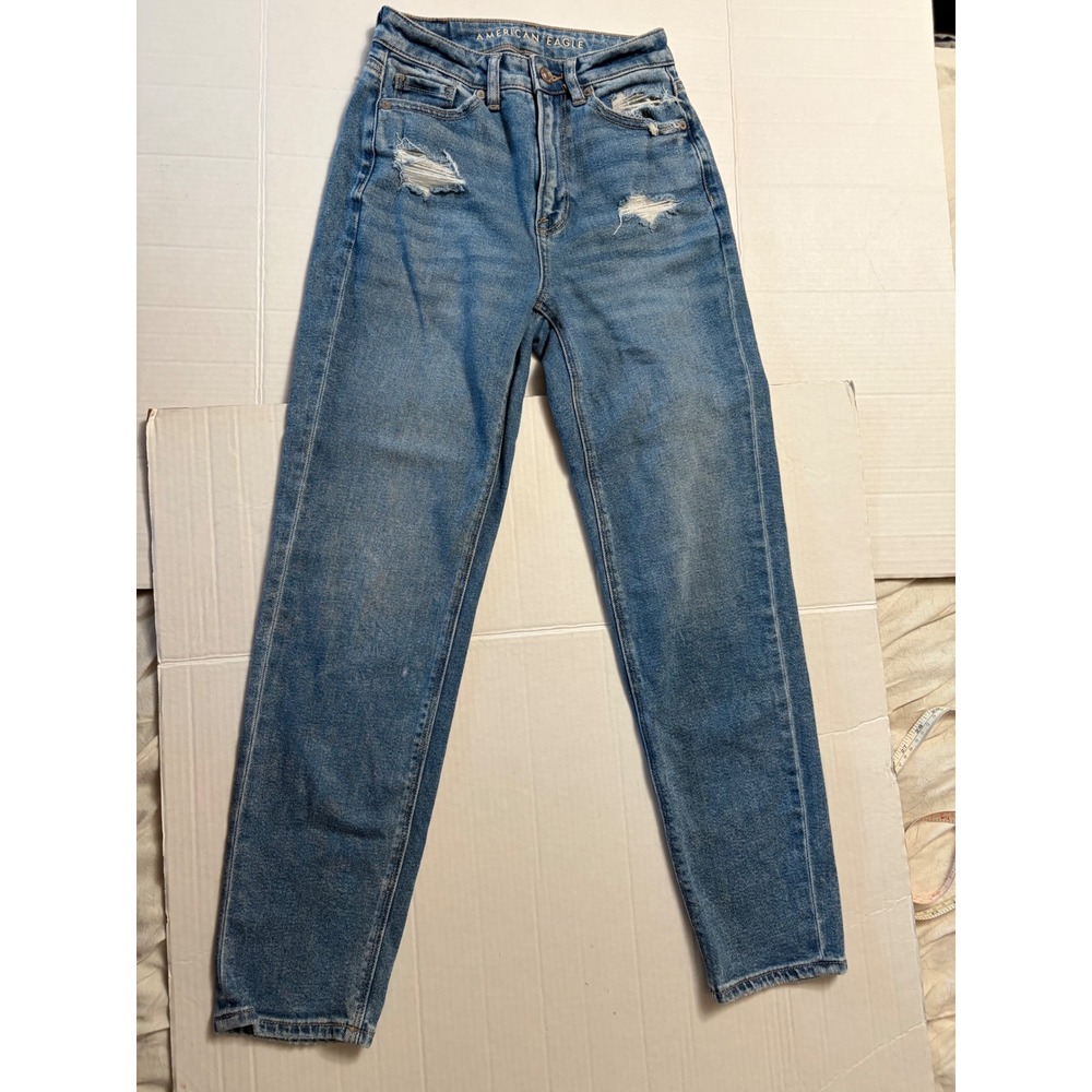 American Eagle Distressed Mom Jeans Womens 00 Blue High Rise‎ Stretch Denim